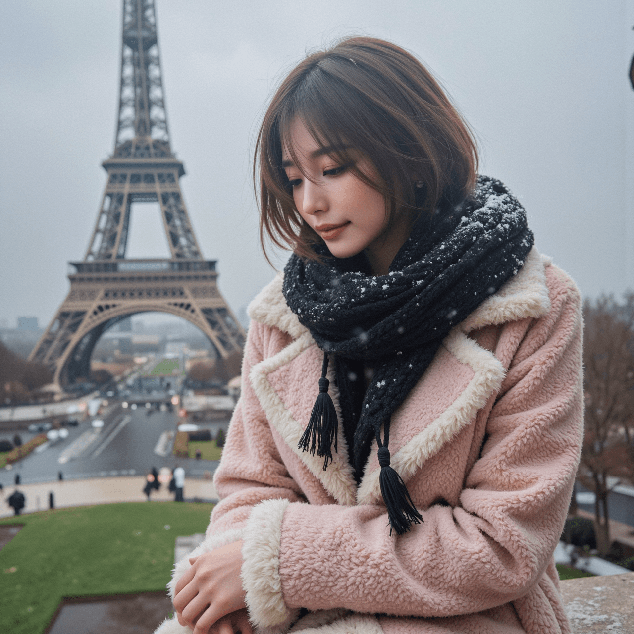 AI generated: cinematic photo, ultra-realistic portrait of a graceful young East Asian woman in her early 20s, sit...