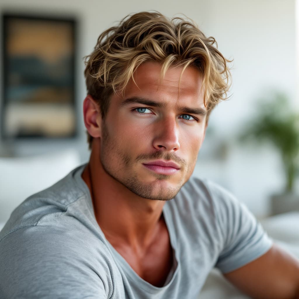 AI generated: High-res image of a very muscular 25-year-old white American man, sun-kissed skin, classic blonde ha...