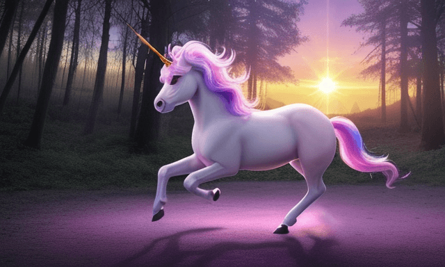 AI generated: pastel kawaii malicious  unicorn in the forest, like in studio ghibl, with sun rising and purple col...