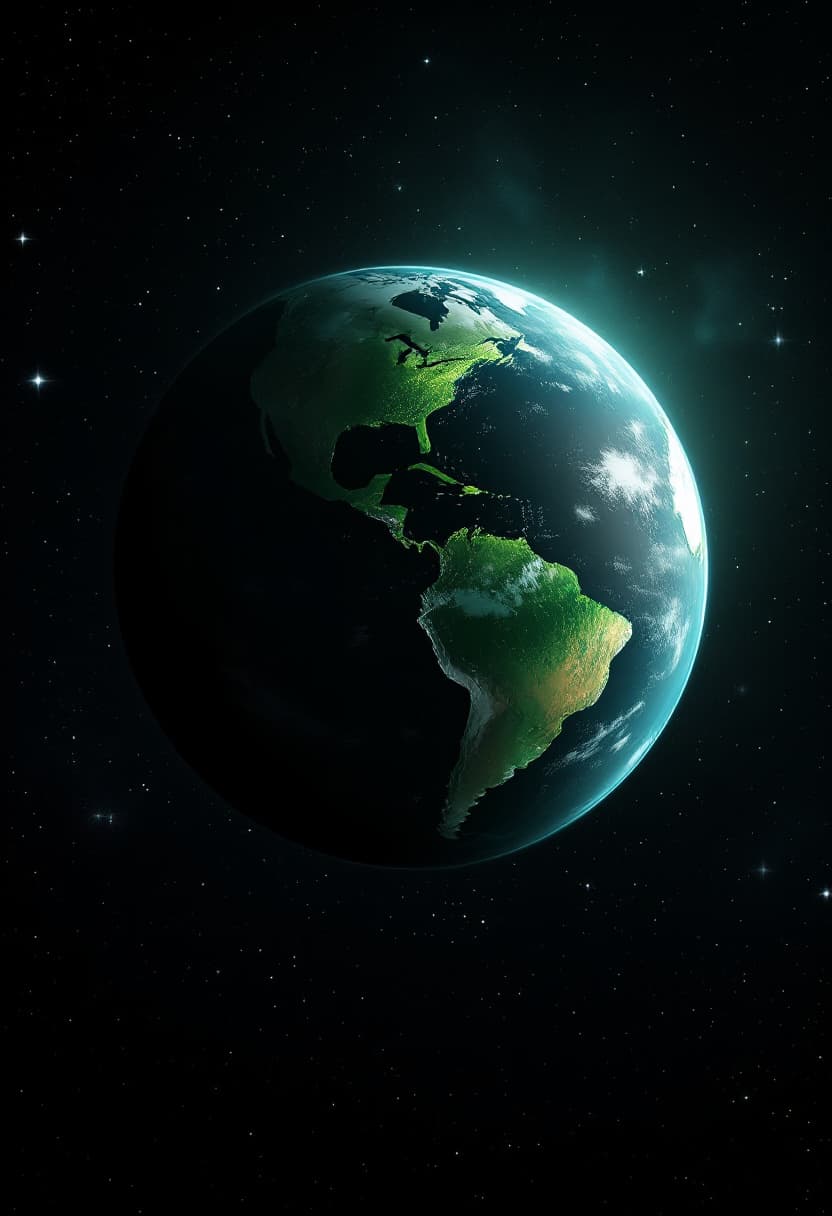 AI generated: a Green Planet with large bodies of water but the waters black and it is floating in the vastness of...
