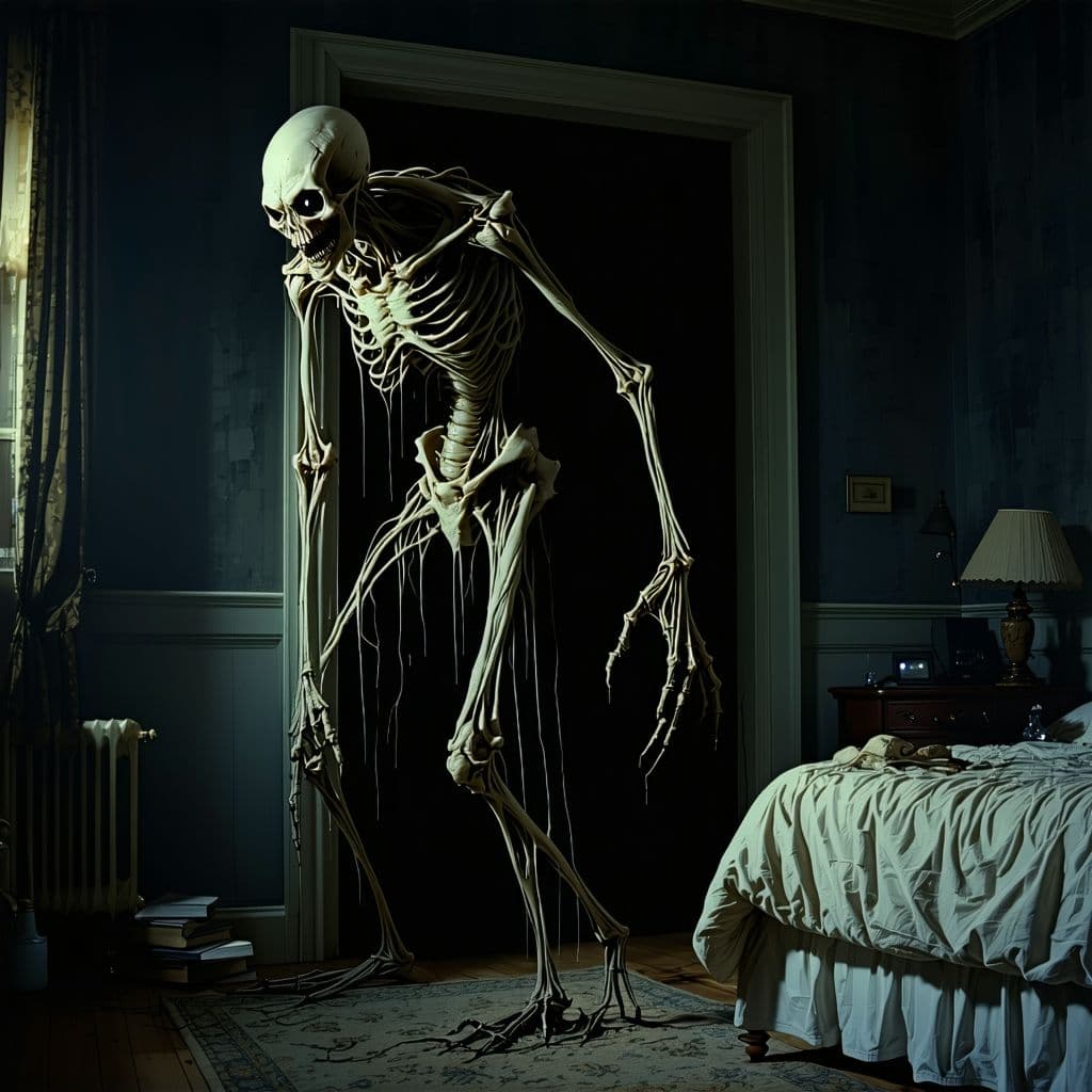 AI generated: A horrifying humanoid creature breaking into a dark bedroom, with extremely long limbs. It stands on...
