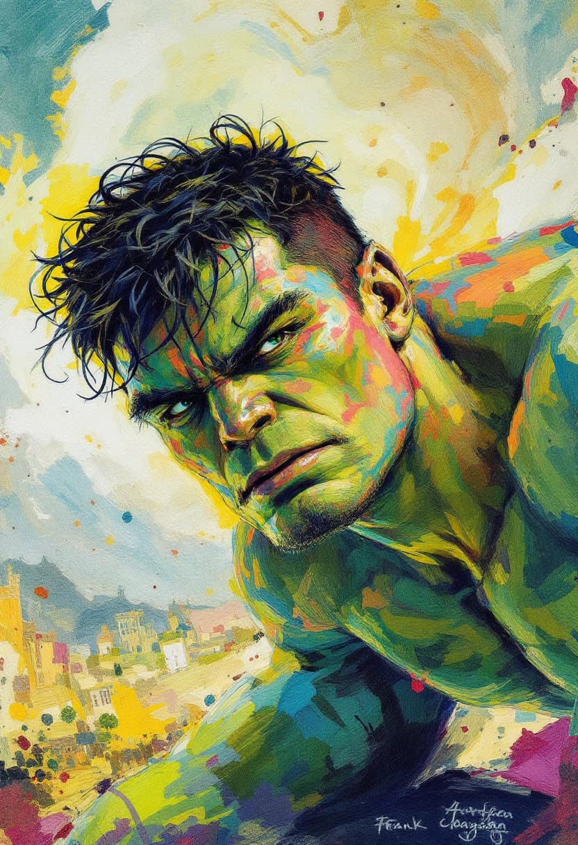 AI generated: Portrait tilted at 45 degrees, dynamic pose, Hulk, Art Nouveau, Neo-Impressionism, charcoal illustra...