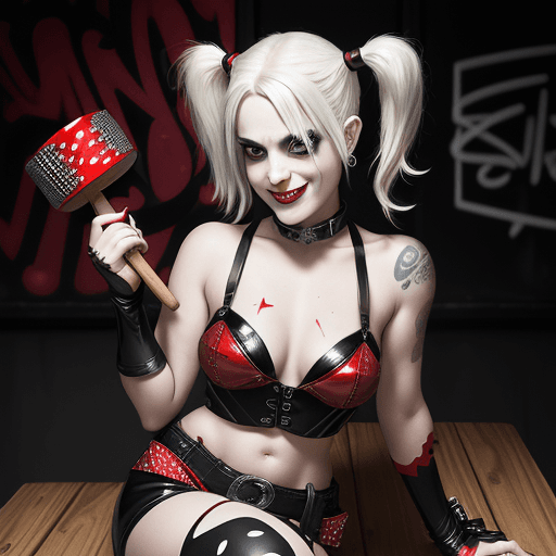 AI generated: Harley Quinn with platinum blonde hair styled in pigtails, wearing a red and black leather outfit wi...