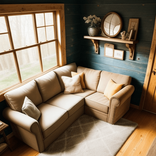 AI generated: close up, A cozy and inviting tiny home interior with a rustic, country-inspired aesthetic. The spac...