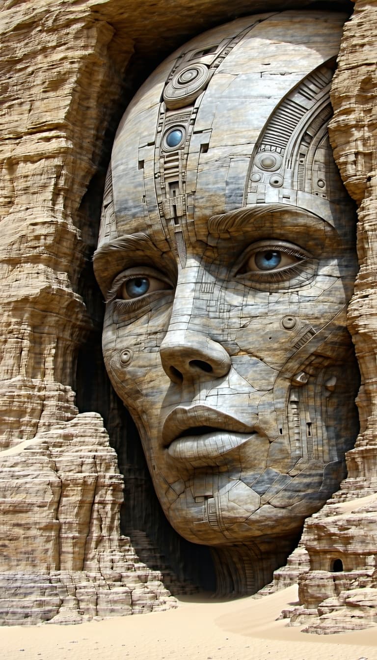 AI generated: A large humanoid face with detailed and complex features etched into highly  textured stone, in a de...