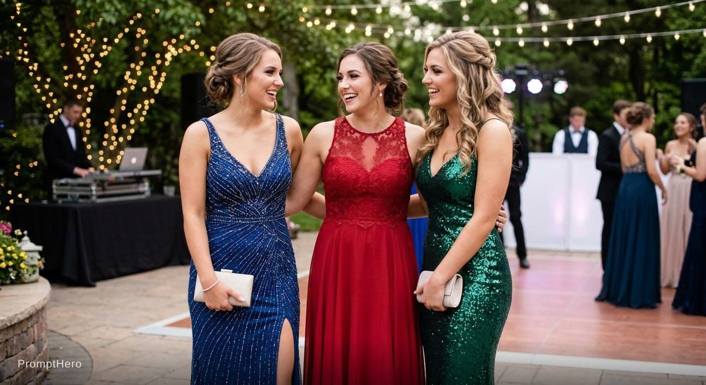 AI generated: three college white girls wearing prom dresses