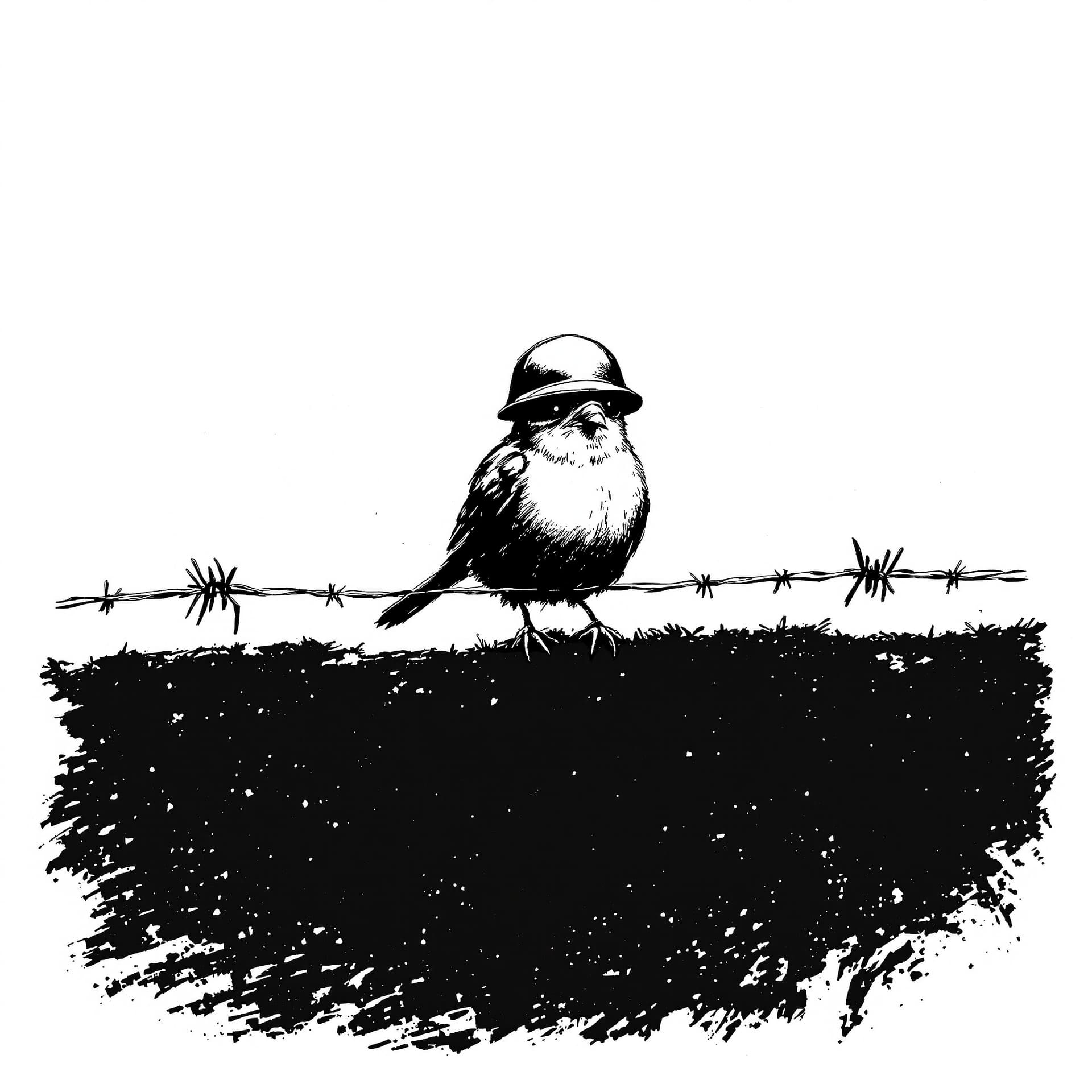 AI generated: A black and white minimalist ink-style illustration of a small bird wearing a military helmet, perch...