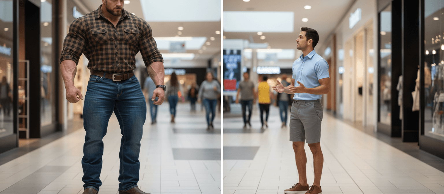 AI generated: the bodybuilder is 6'4" tall, he has huge muscular shoulders and extra huge muscular legs. He is wea...