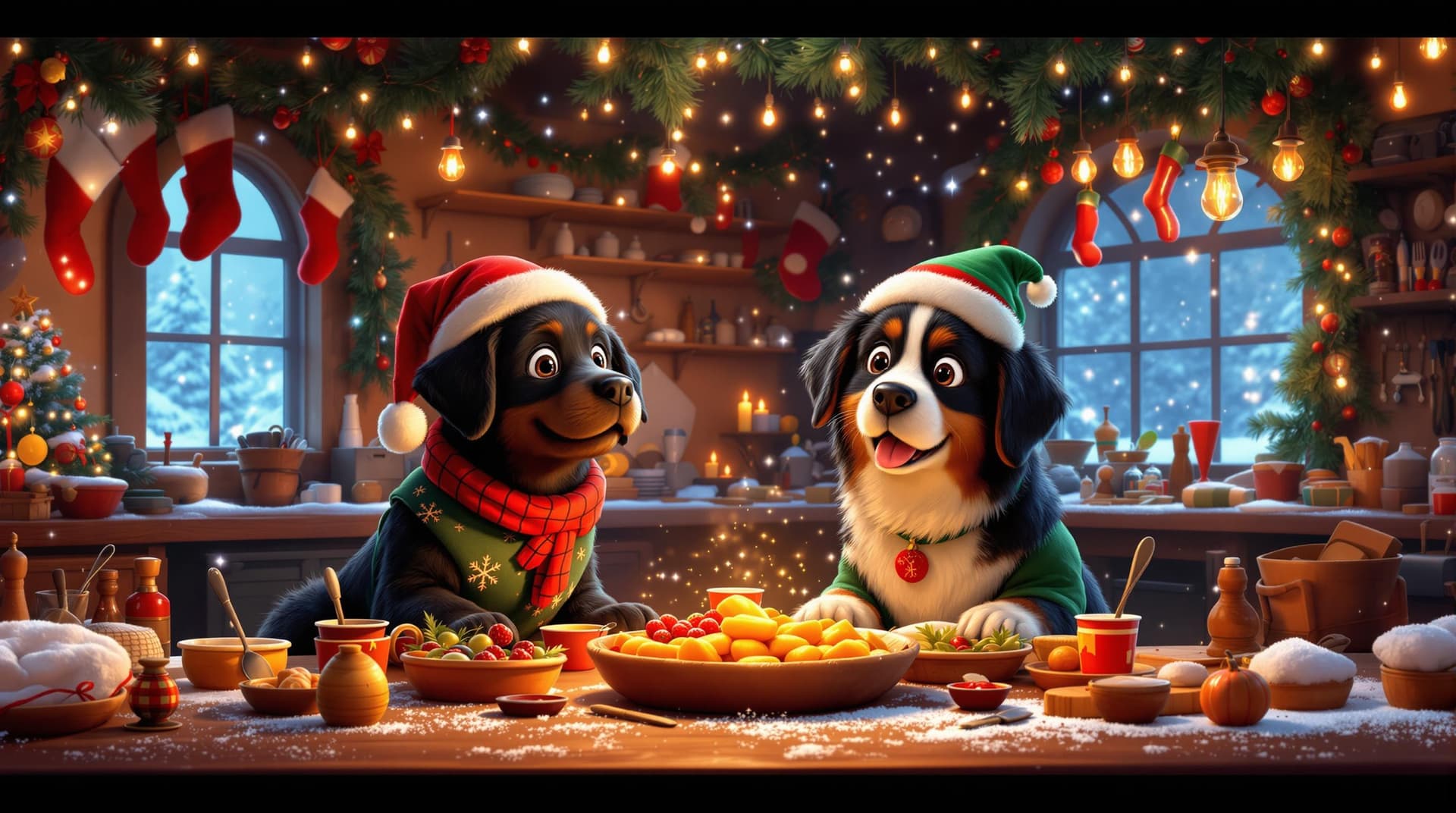 AI generated: A cozy and magical scene in Santa's workshop, featuring a black labrador puppy and a Bernese Mountai...
