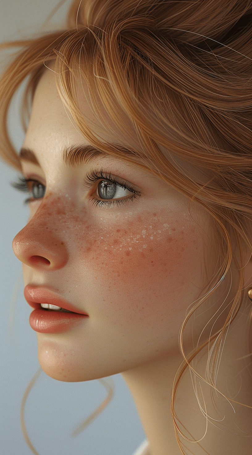 AI generated: a young woman, in the style of precise and lifelike, distinctive noses, light pink and light amber, ...