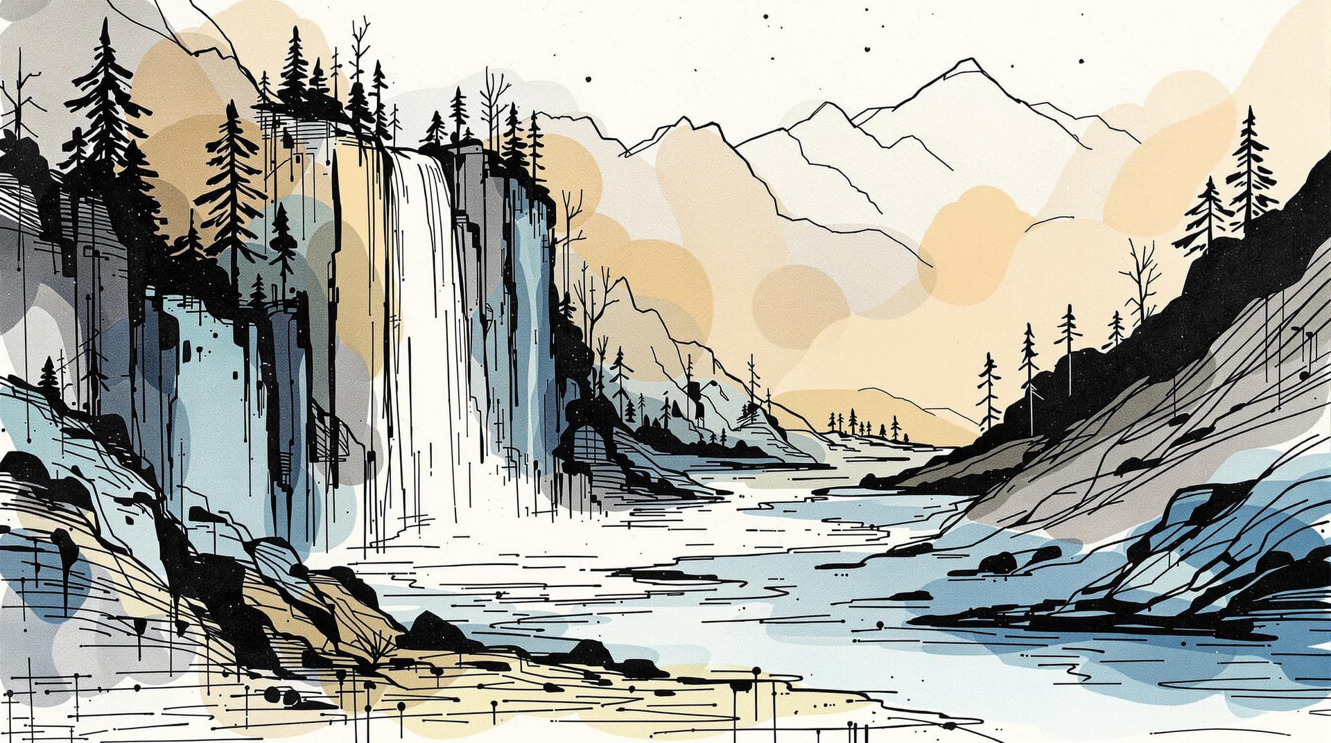 AI generated:  minimalisme line art of  paul klee style waterfall landscape and touches of fictive fantasy cool co...