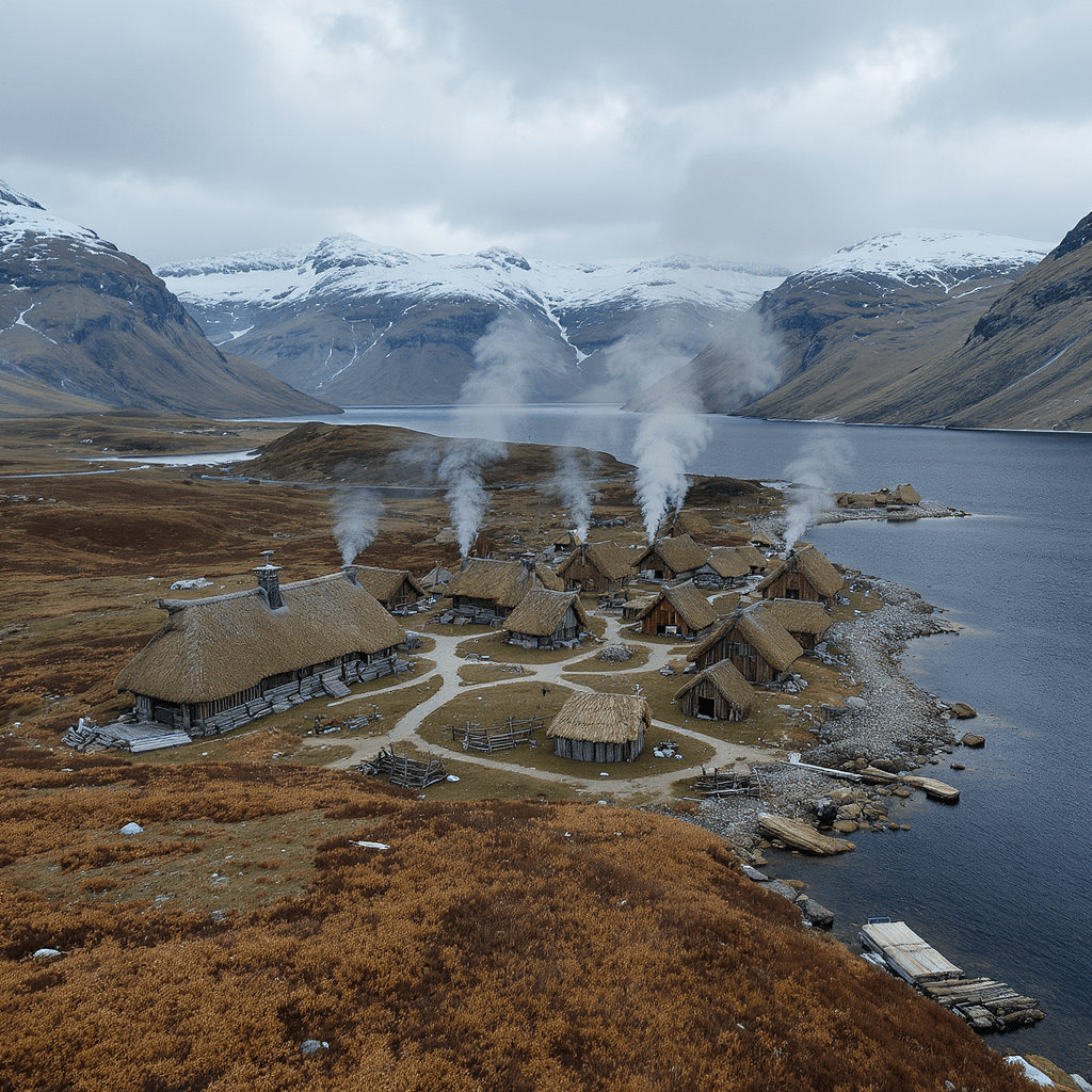 AI generated: A panoramic shot of a small Viking village by the fjord: wooden communal houses with thatched roofs,...