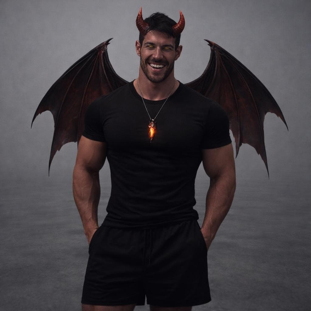 AI generated: make this man into a devil wearing no shirt and black short shorts smiling with vampire teeth standi...