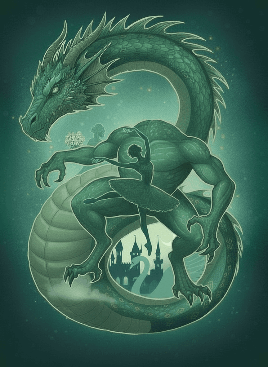 AI generated: save all of the image- style, ballerinas, castle, swan, moon, colors and everything, dragon tail i o...