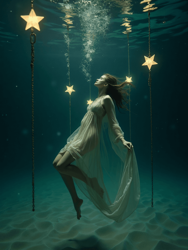 AI generated: (A hyper-realistic, masterpiece-level color photograph:1.3) of a beautiful woman floating underwater...