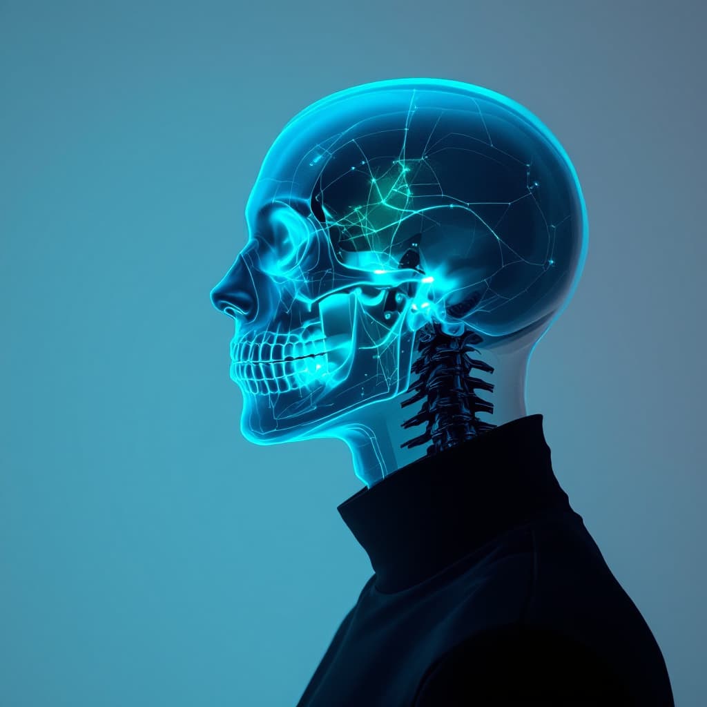 AI generated: ethereal portrait of a man, transparent skin revealing her skull, glowing with a neon-green bio-lumi...