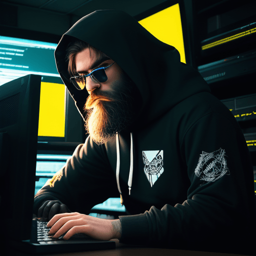 AI generated: 457 / 5. 000 482 / 5. 000 hacker, darkroom, coder, computer, man, medium beard, cool, grunge, (typin...