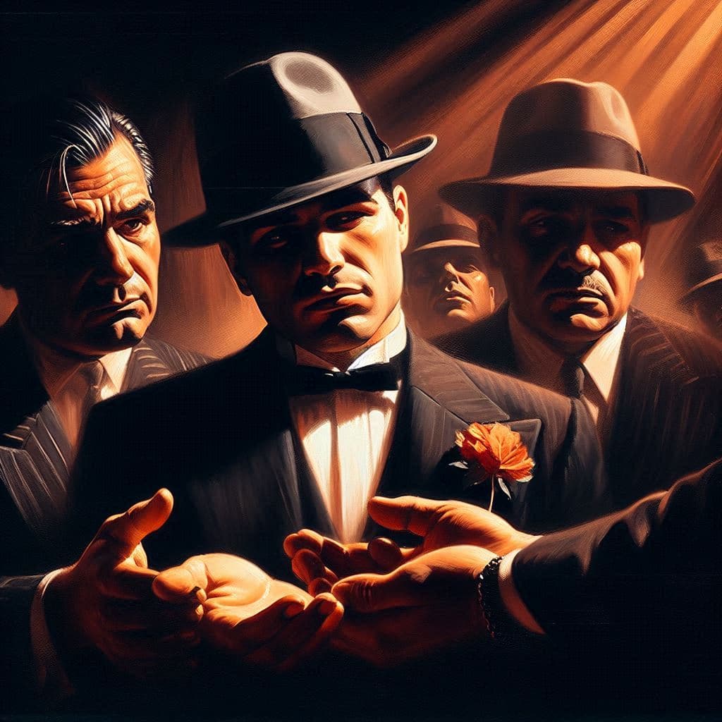AI generated: The mafia gangster makes an offer that no one can refuse. Dramatic film noir movie scene, symbolism,...