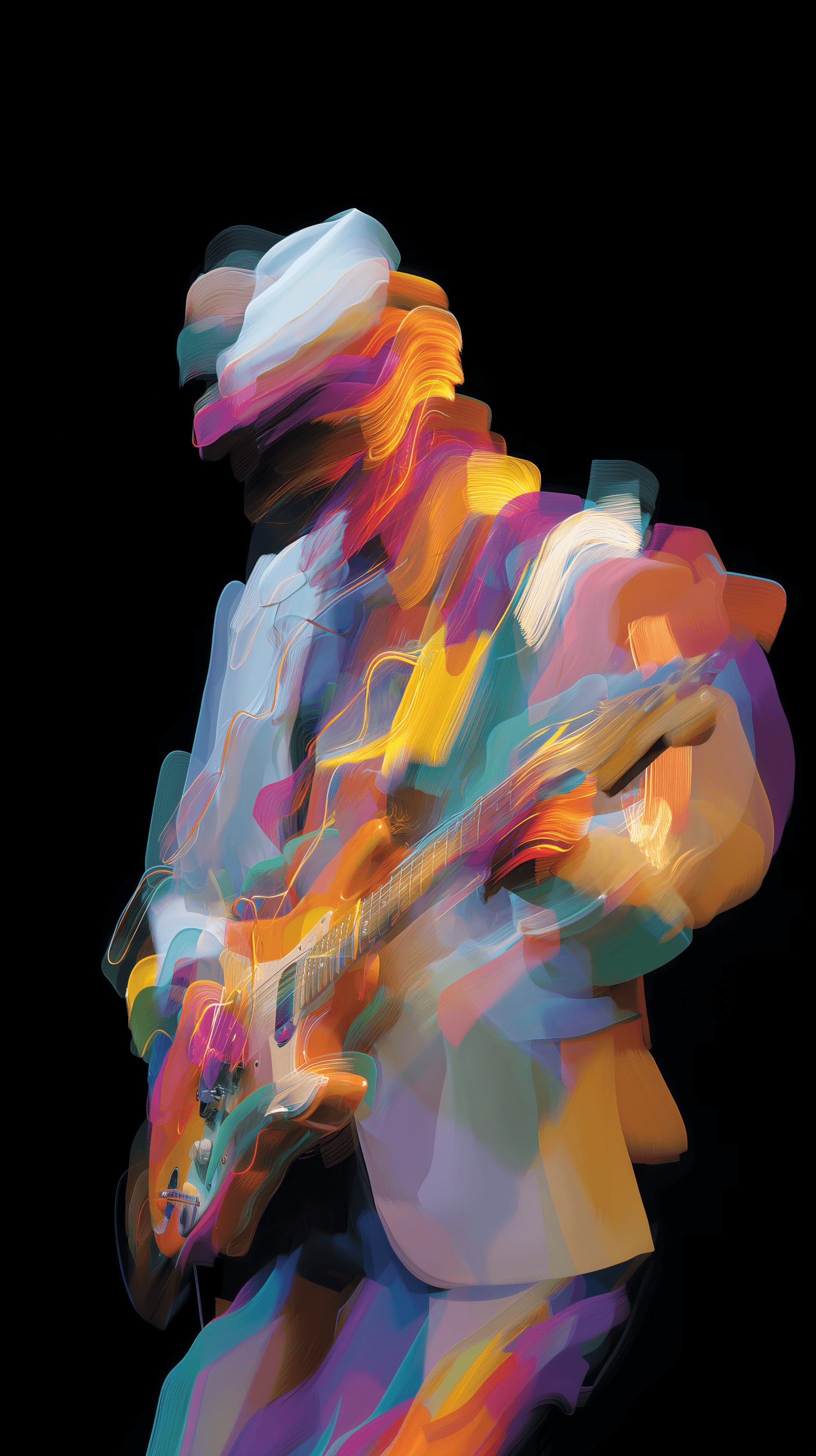 AI generated: realistic, front shot, guitarist in motion, neon color trails, chrono-burst time-slice exposure, lay...