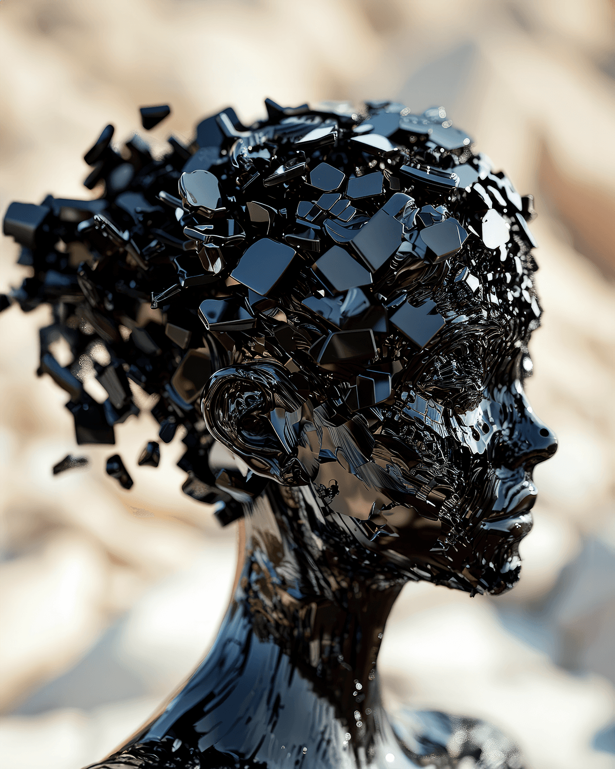 AI generated: the anatomy of a woman's head made of shiny black domino pieces and smashed sea shells, octopath tra...