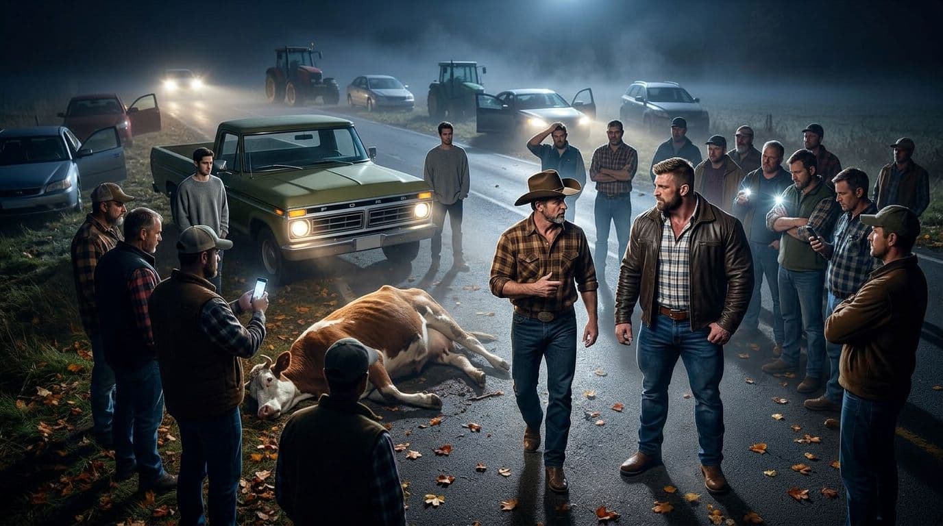 AI generated: In an Autumn night. The vintage olive green Ford pick up truck is parked between the other cars. All...