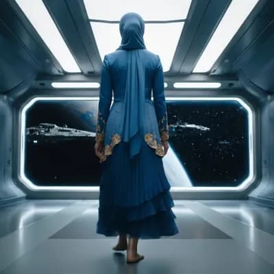 AI generated video: Full body rear view. Hyperrealistic cinematic video. A Korean woman, in elegant clothes, with a blue...
