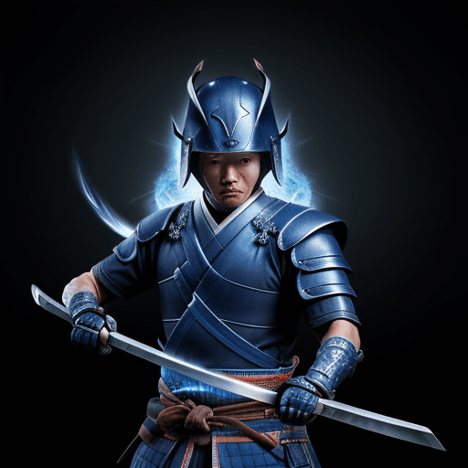 AI generated: Hyper realistic katana with blue flames, being held my a samurai, helmet on the samurai, epic scener...