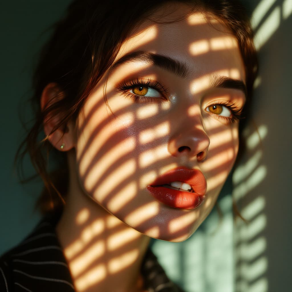 AI generated: Close-up portrait of a young supermodel illuminated by soft, warm afternoon light streaming through ...
