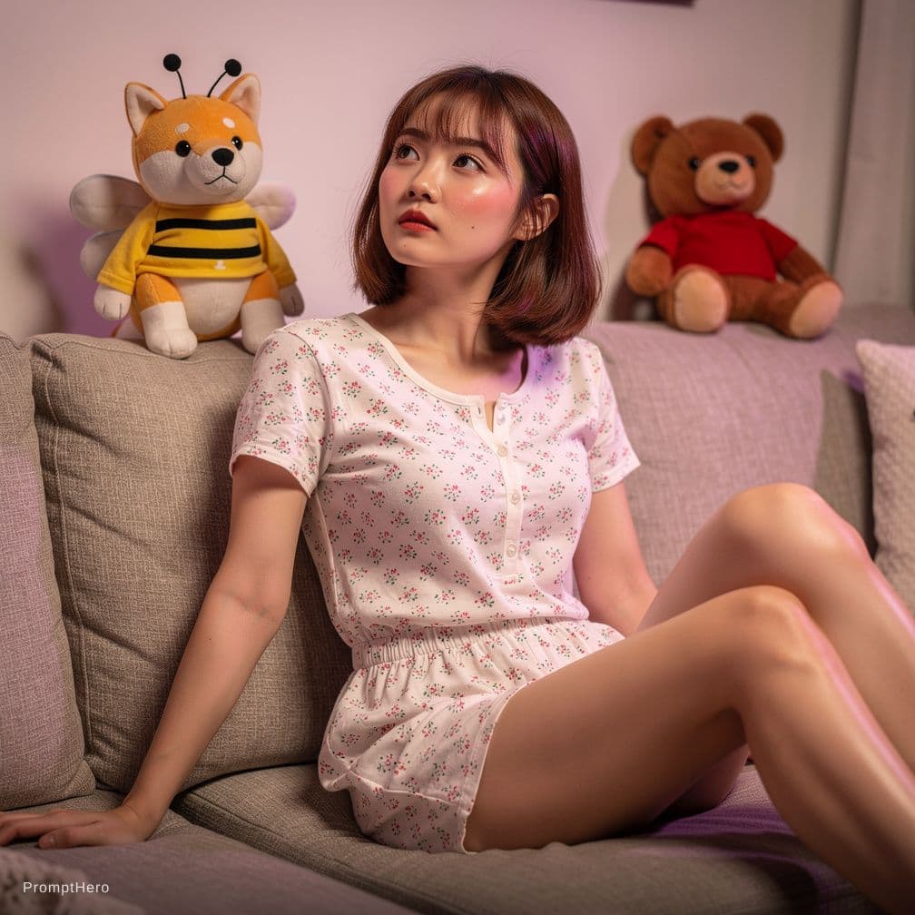 AI generated: A highly detailed, photorealistic indoor medium shot of a captivating young East Asian woman relaxin...