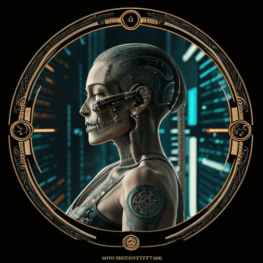 AI generated: tarot card with intricate detailed frame around the outside | side profile of cyberpunk body with cy...