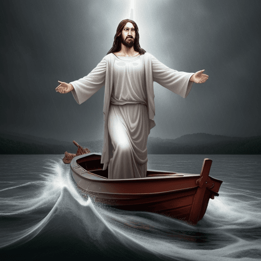 AI generated: Jesus walk on the water, in a 
 terrible storm, rain, very fare, on water have some boat and some pi...