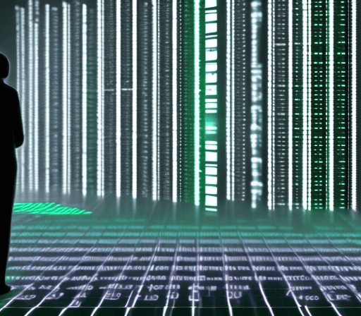 AI generated: A shadow of a programmer standing in front of AI technologies looking at the matrix code data hologr...