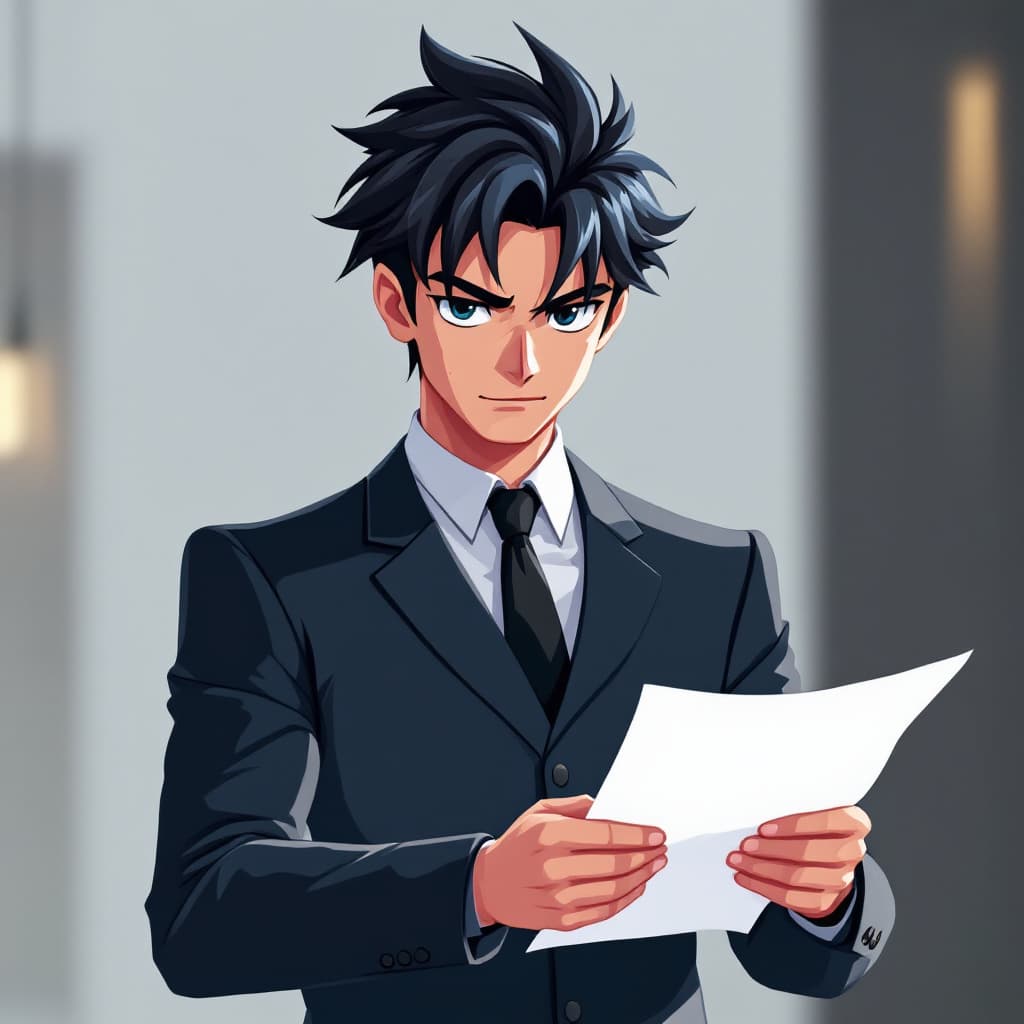 AI generated: anime character boy, He is boss. He hold the paper and looking the resume seriously
