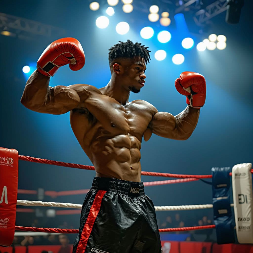 AI generated: powerful boxer stands in the ring and flexes his biceps, hyper realism, high detail, octane render; ...