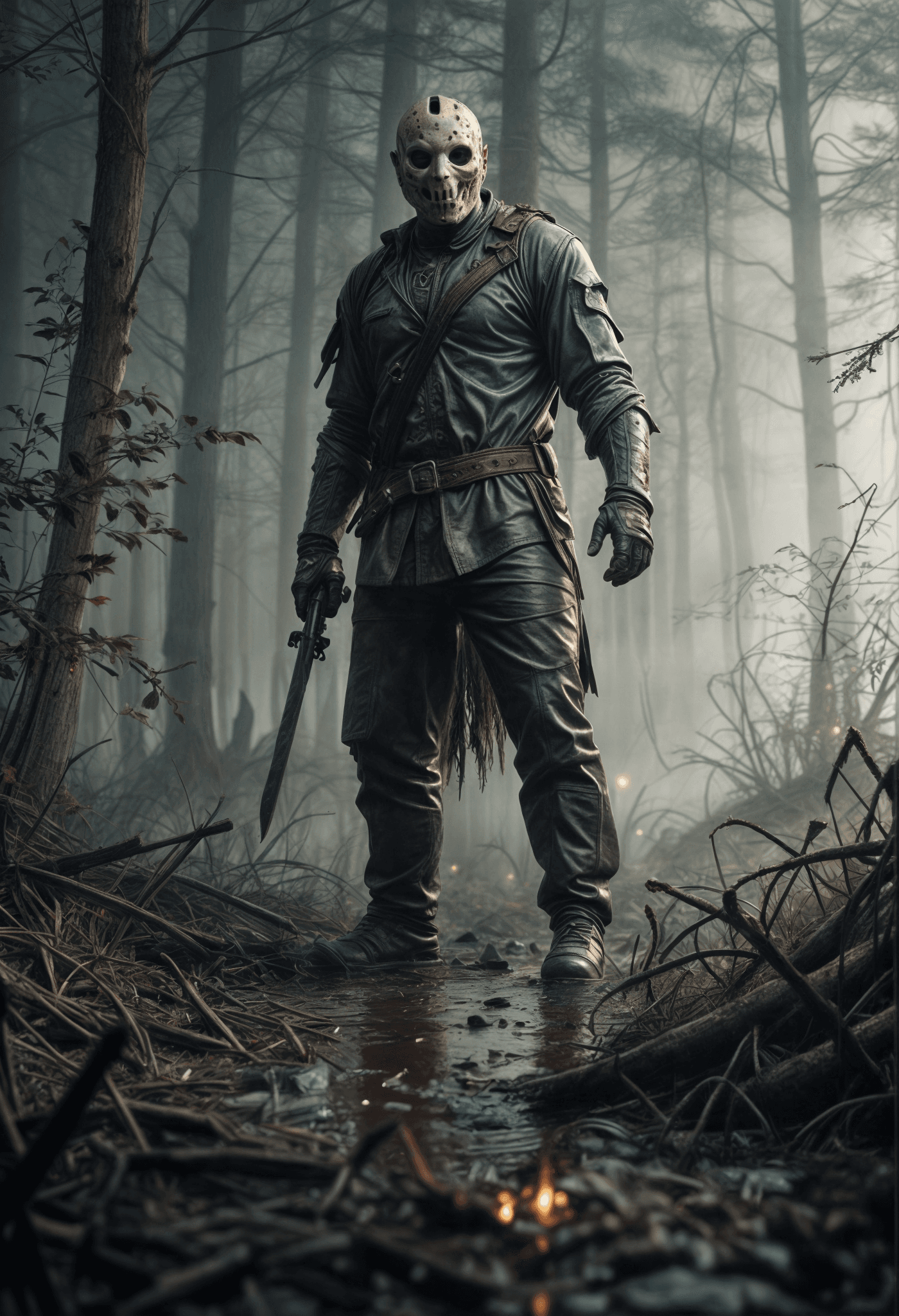 AI generated:  Jason Voorhees, known from the "Friday the 13th" horror series, standing in a forest ,misty,epic