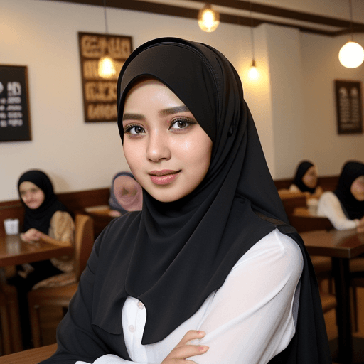 AI generated: gadis cantik mengenakan hijab,berdiri dengan kaki menyentuh lantai cafe