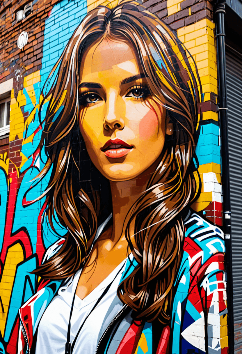 AI generated: graffiti style of a medium close-up of a woman with brunette hair and stylish clothes painted on the...