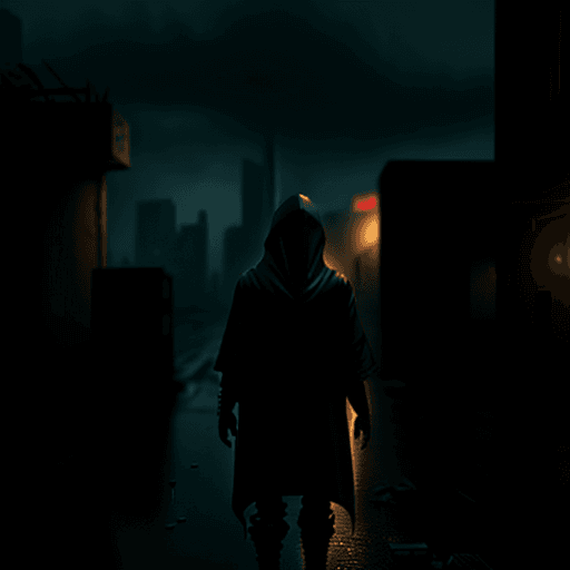AI generated: Realistic image of post-apocalyptic city. Hooded person from the back. Rain, night
