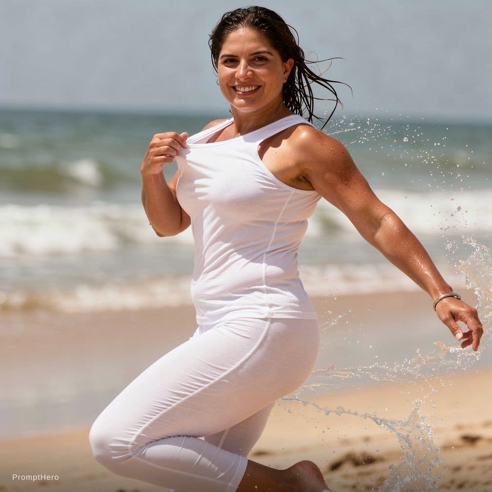 AI generated: A dynamic fitness commercial: an adult woman with tanned skin demonstrates active swimwear by jumpin...