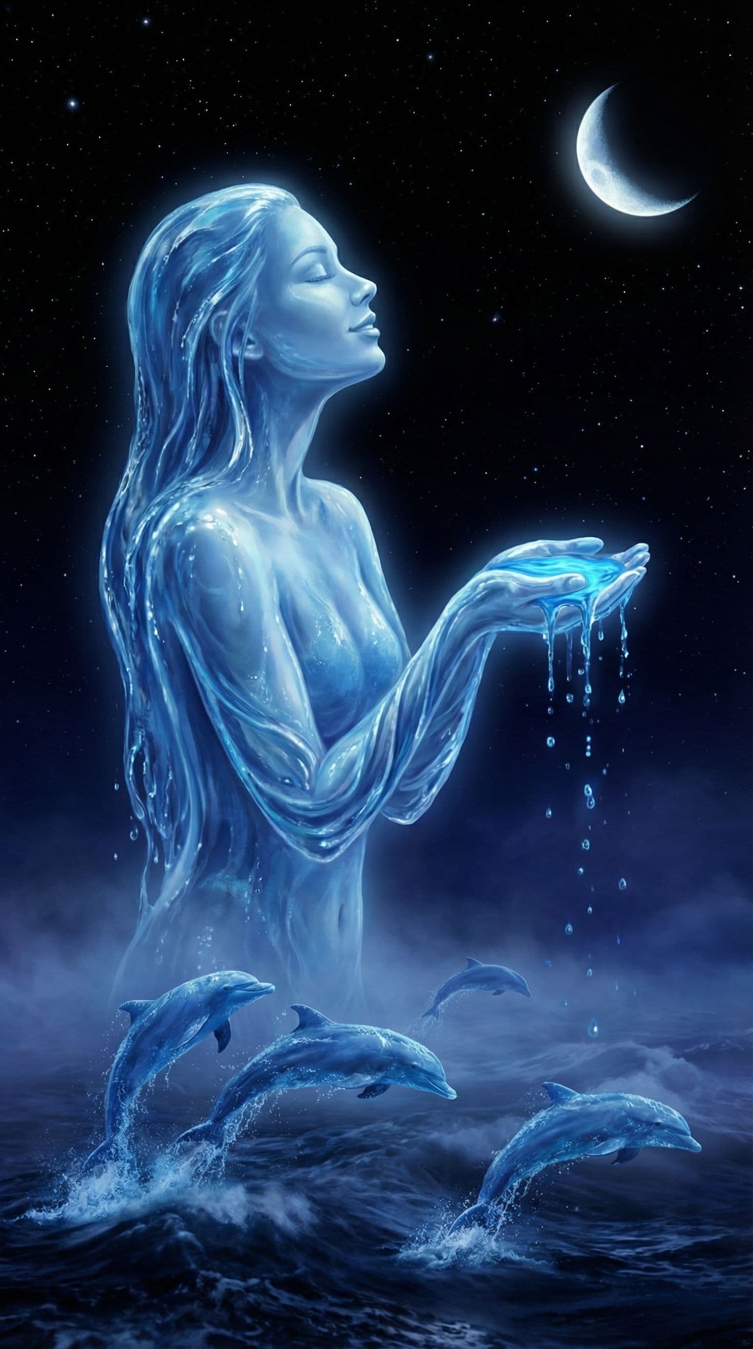 AI generated: A mystical image featuring a woman constructed primarily from blue water. She is in a profile view, ...