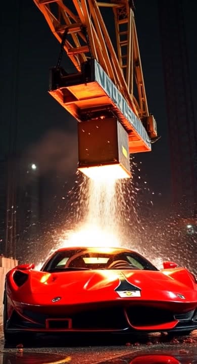 AI generated video: the hanging object is falling down quickly and car is still position and crash