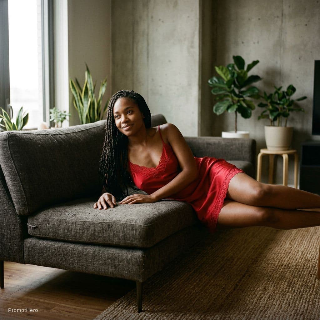 AI generated: A raw documentary photograph captures a curvy young female with a long, sleek black braid cascading ...