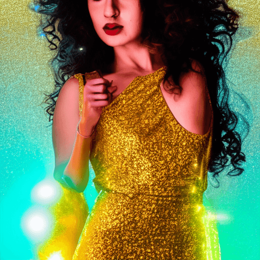 AI generated: a woman in a golden colored dress with light up disco balls, in the style of photorealistic portrait...
