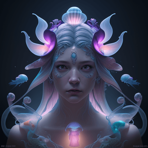 AI generated: Goddess close-up portrait ribcagel. jellyfish phoenix head, nautilus, orchid, skull, betta fish, bio...