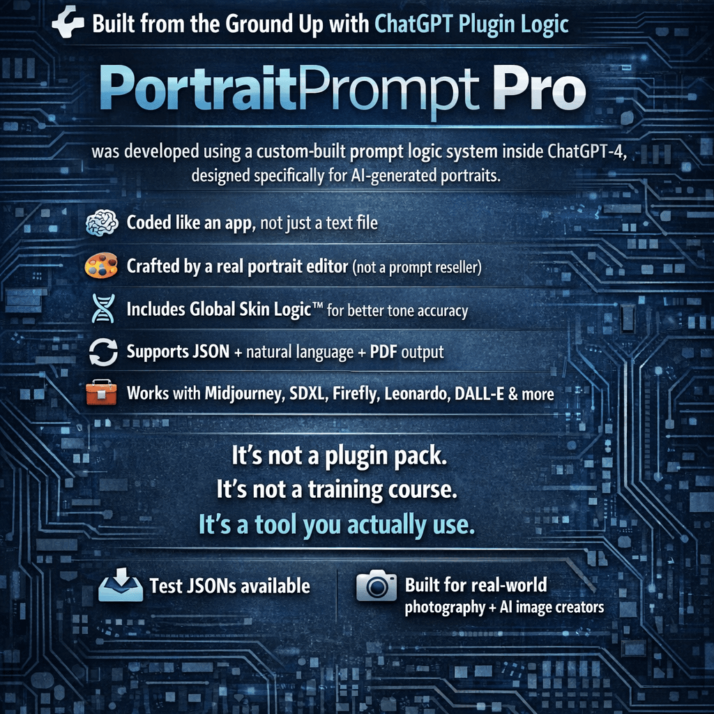AI generated: 🔧 Built from the Ground Up with ChatGPT Plugin Logic

PortraitPrompt Pro was developed using a cu...