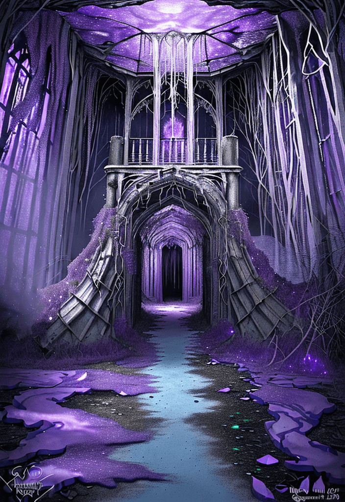 AI generated: Alcohol Ink Drawing of Phantasmic-ghostly-chaos-chaotic-abandoned Medieval Mansion in purple-sugar-c...
