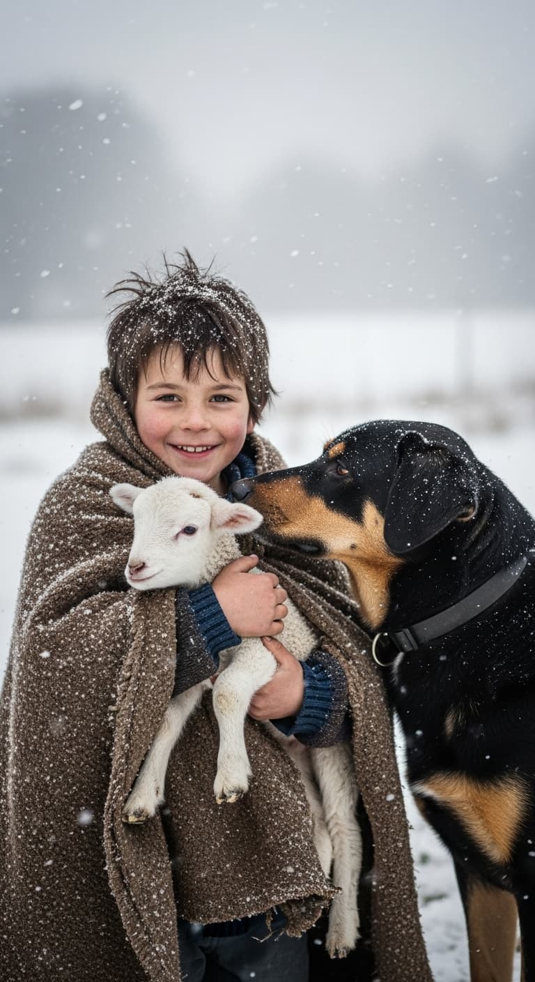 AI generated: A heart-warming cinematic winter portrait of a smiling young boy wrapped in a rough brown wool cloak...
