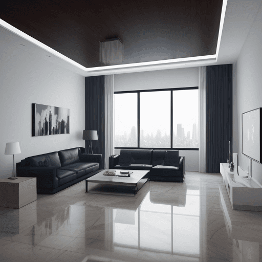 AI generated: high resolution photography interior design, basic living room, light brown marble floor, big window...