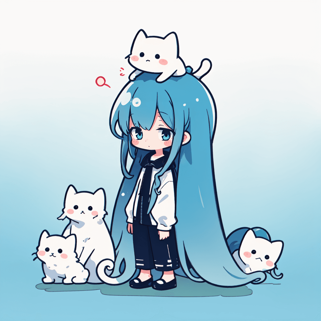 AI generated: best quality,Teal theme,outline,
(chibi:1.2),(absurdly long hair,gradient hair:1.2),cat on head,
<...