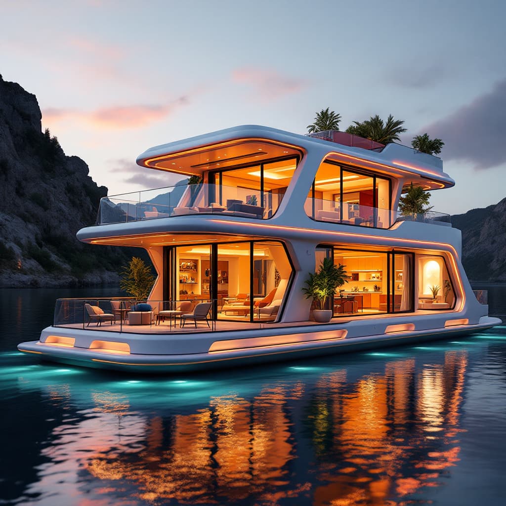 AI generated: Create a futuristic 35-foot houseboat design with large open windows showcasing a luxurious interior...